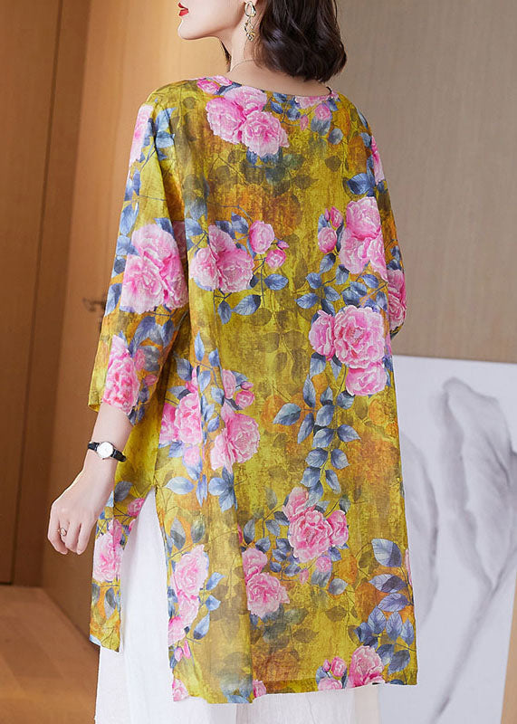 Yellow O Neck Print Side Open Patchwork Linen Shirt Tops Summer