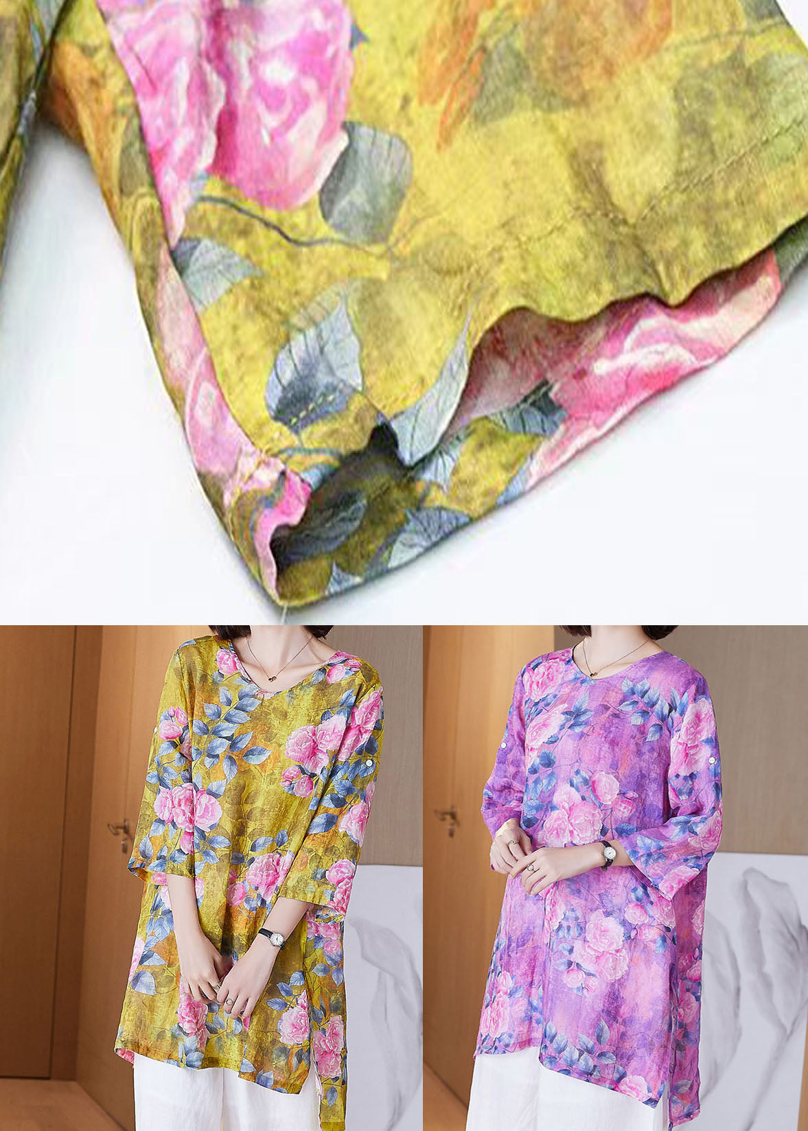 Yellow O Neck Print Side Open Patchwork Linen Shirt Tops Summer