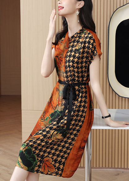 Yellow O-neck Print Tie Waist Chiffon Shirt Dress Short Sleeve