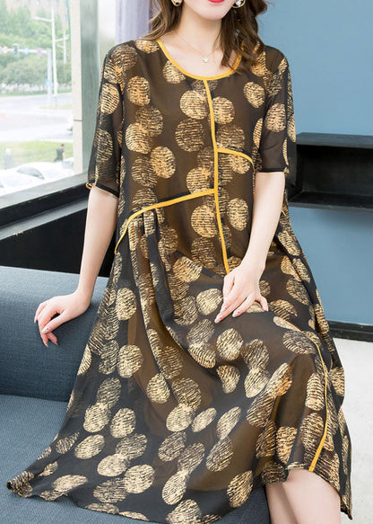 Yellow O Neck Print Wrinkled Patchwork Chiffon Dresses Summer