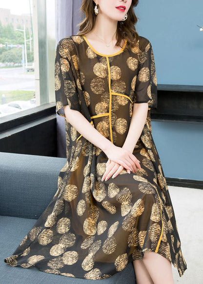 Yellow O Neck Print Wrinkled Patchwork Chiffon Dresses Summer