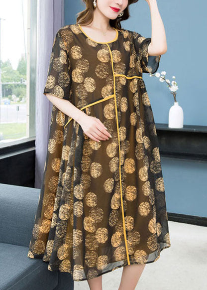 Yellow O Neck Print Wrinkled Patchwork Chiffon Dresses Summer