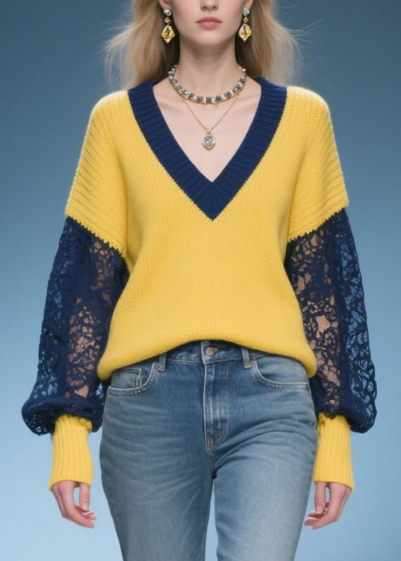 Yellow Oversized Patchwork Lace Sweaters Fall