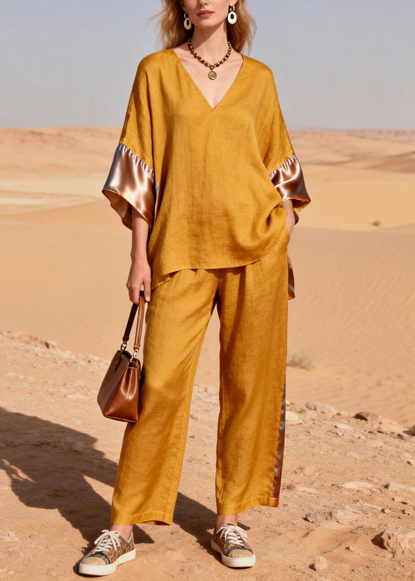 Yellow Oversized Patchwork Linen Silk Two Pieces Set Summer