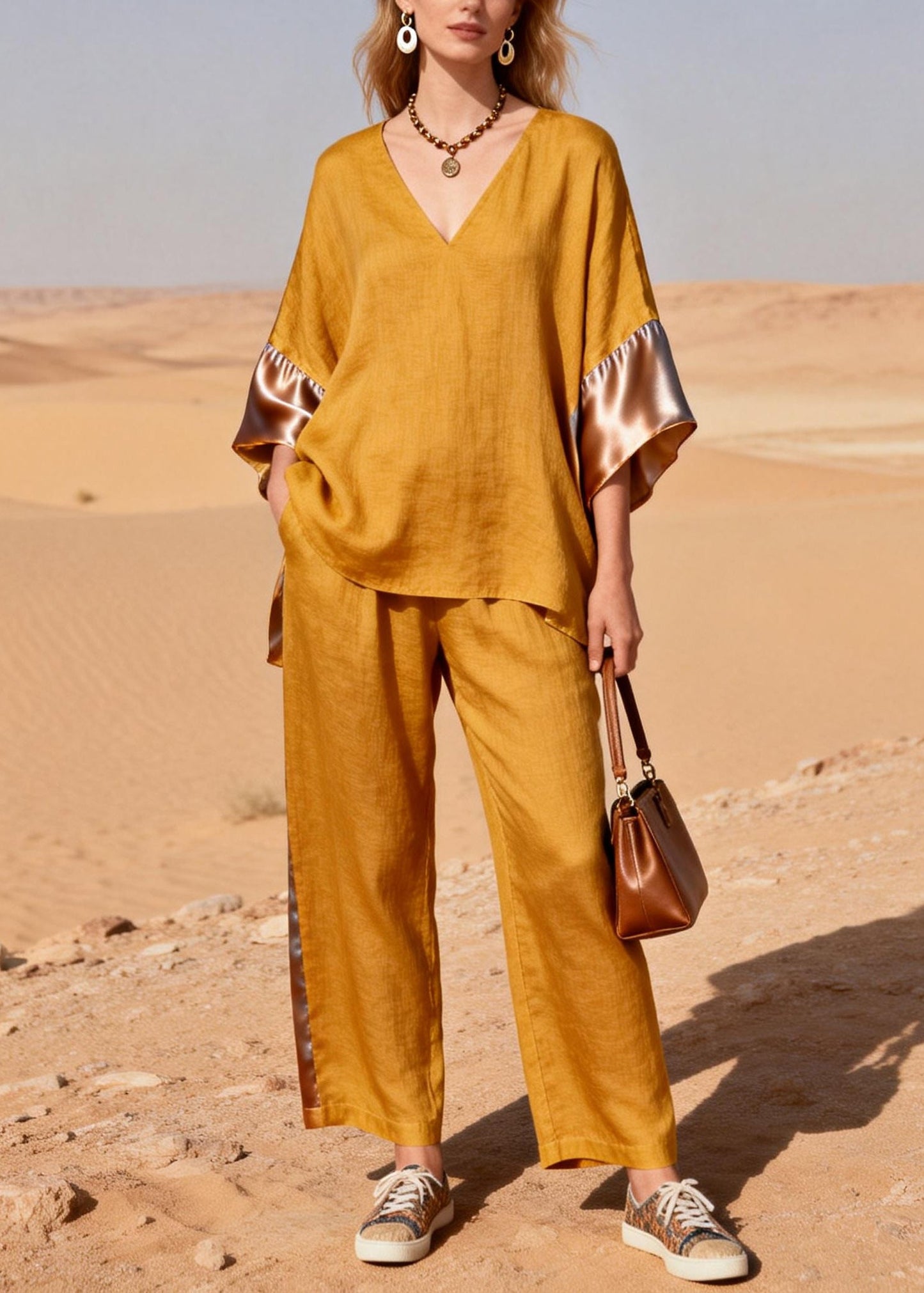 Yellow Oversized Patchwork Linen Silk Two Pieces Set Summer