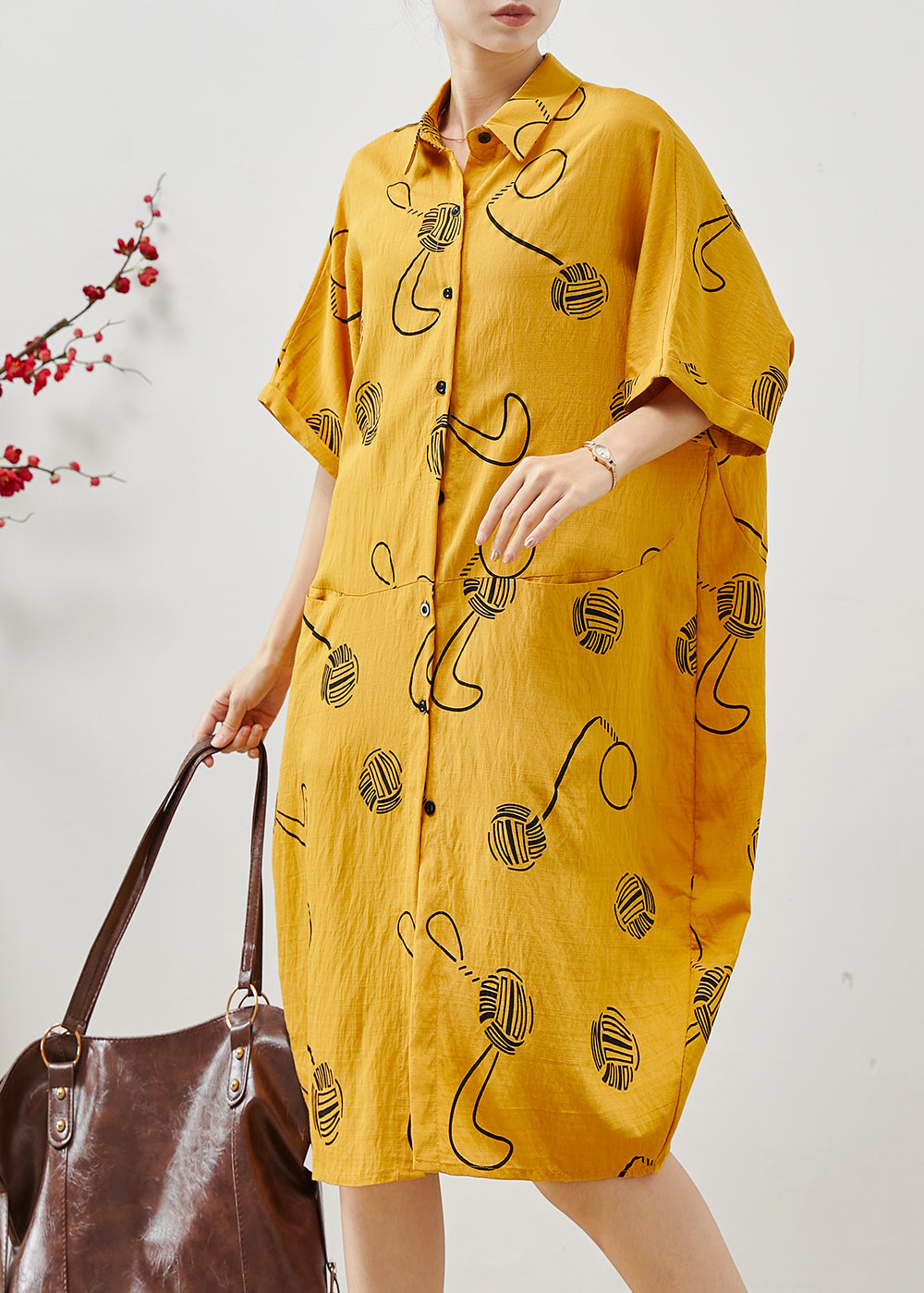 Yellow Oversized Print Cotton Holiday Dress Summer