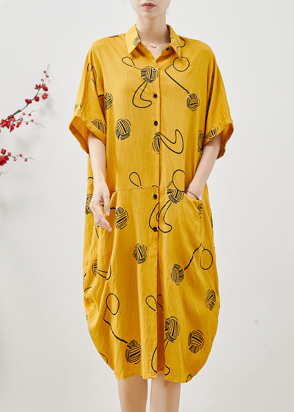 Yellow Oversized Print Cotton Holiday Dress Summer