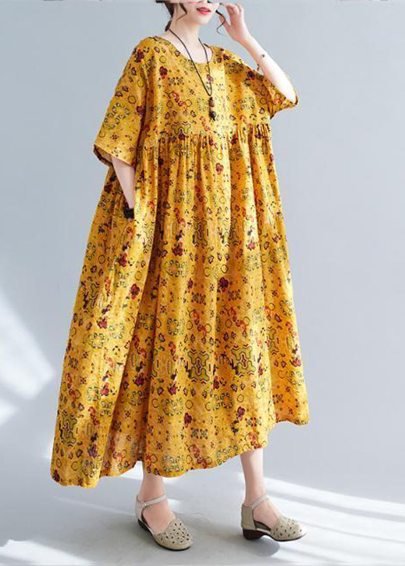 Yellow Oversized Print Linen Long Dress Summer