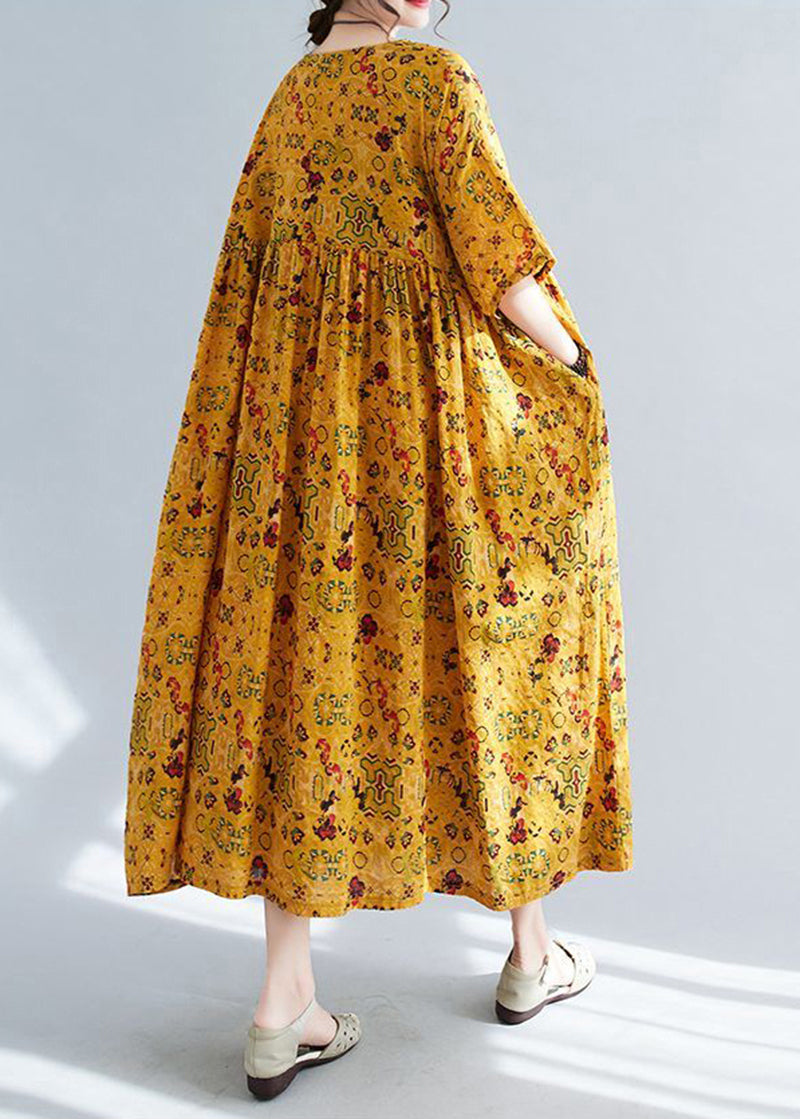 Yellow Oversized Print Linen Long Dress Summer