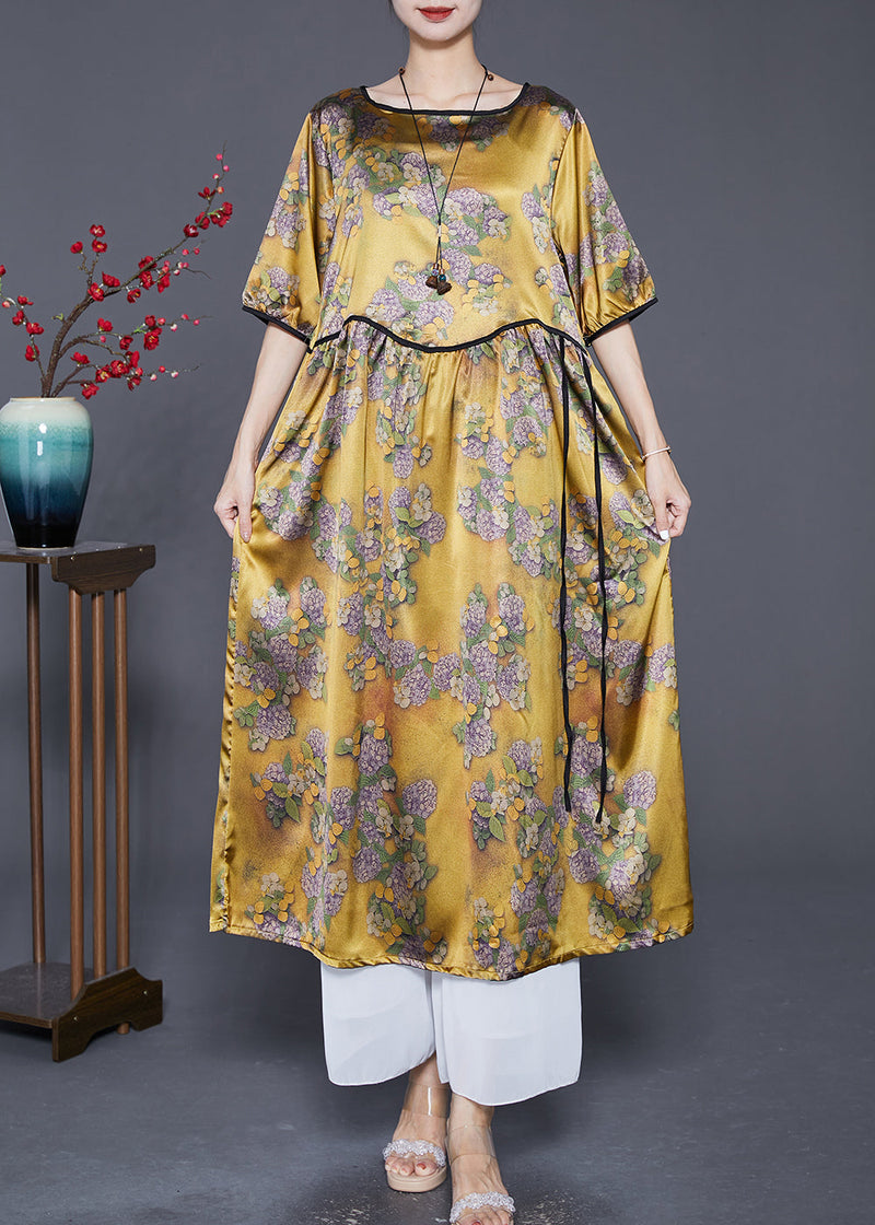 Yellow Oversized Print Silk Long Dresses Summer