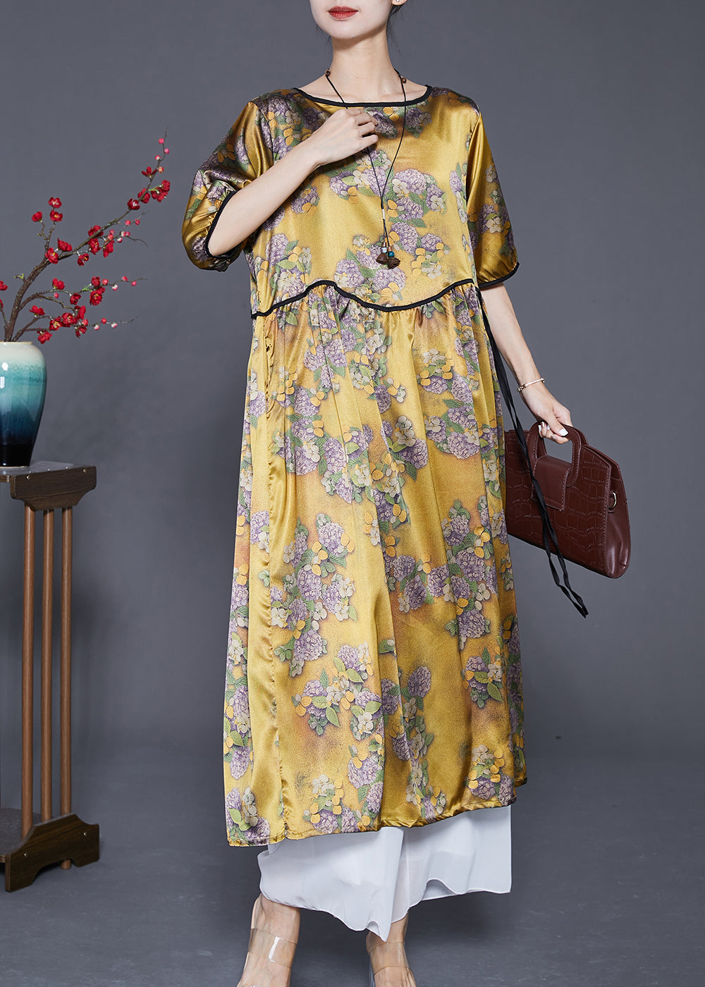 Yellow Oversized Print Silk Long Dresses Summer