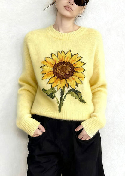 Yellow Oversized Sunflower Jacquard Knitted Tops Winter