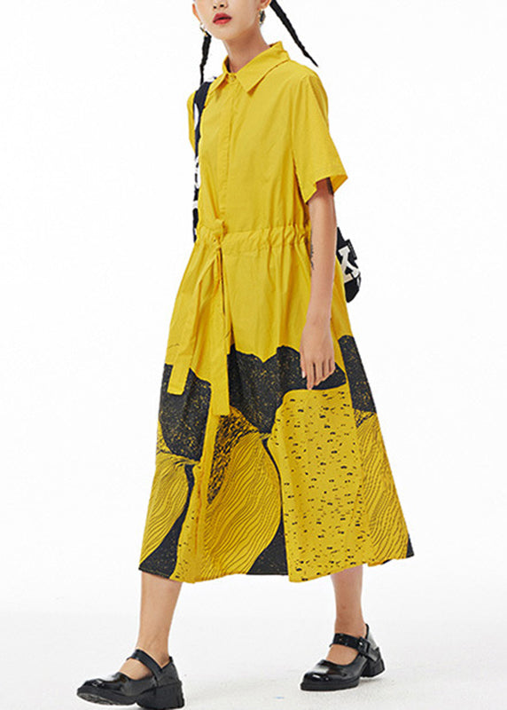 Yellow Patchwork Button Cotton Vacation Maxi Shirt Dresses Summer