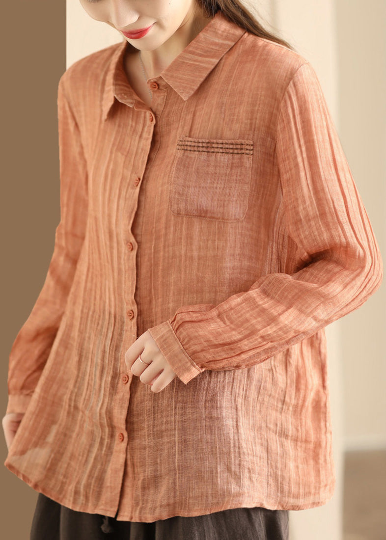 Yellow Peter Pan Collar Button Linen Blouses Long Sleeve