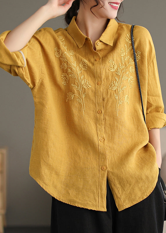 Yellow Peter Pan Collar Embroidered Button Cotton Blouse Spring
