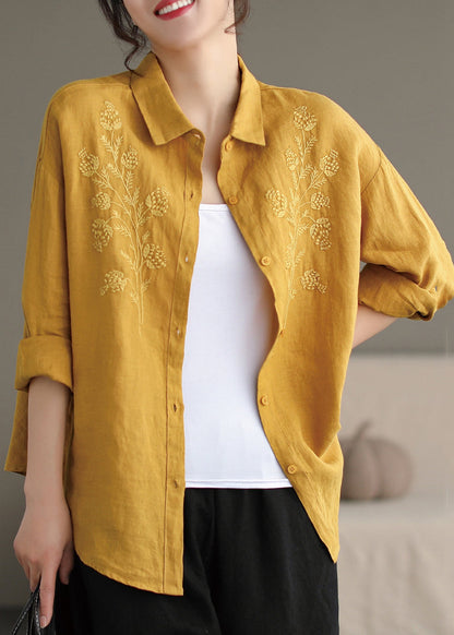 Yellow Peter Pan Collar Embroidered Button Cotton Blouse Spring