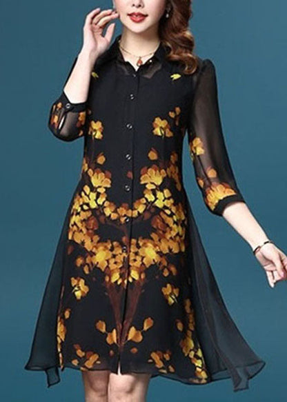 Yellow Peter Pan Collar Print Patchwork Chiffon Dress Two Pieces Set Summer