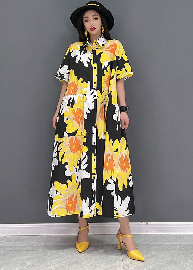 Yellow Peter Pan Collar Print Pockets Chiffon Maxi Dress Short Sleeve