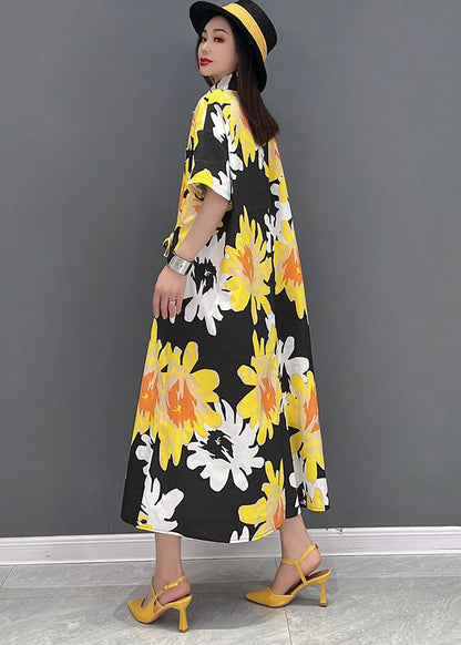 Yellow Peter Pan Collar Print Pockets Chiffon Maxi Dress Short Sleeve