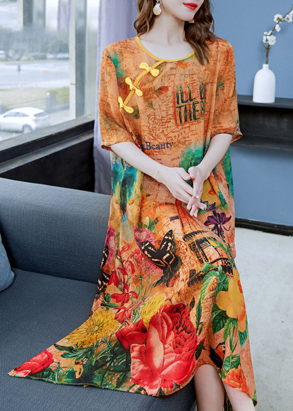 Yellow Print Chinese Button Patchwork Silk Dress Summer