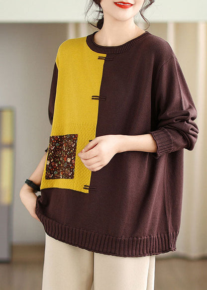 Yellow Print Patchwork Cotton Knit Sweaters Fall