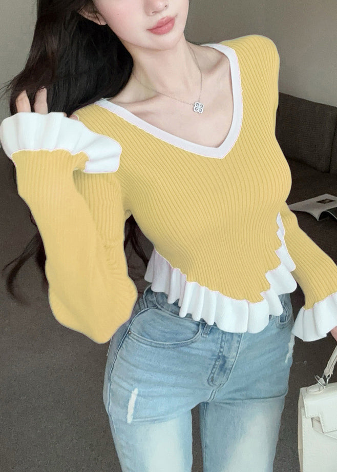 Yellow Ruffled Patchwork Knit Sweaters Flare Sleeve