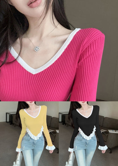 Yellow Ruffled Patchwork Knit Sweaters Flare Sleeve