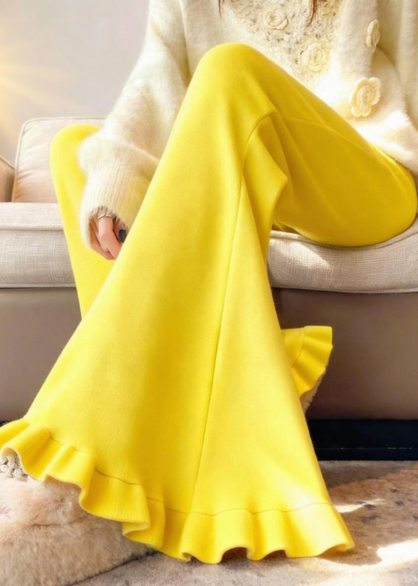 Yellow Ruffled Silm Fit Cotton Flared Trousers Winter