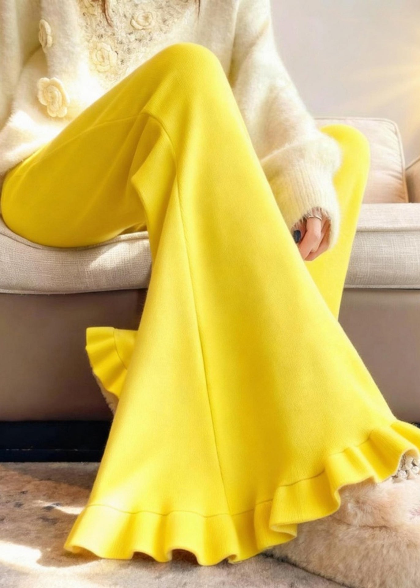 Yellow Ruffled Silm Fit Cotton Flared Trousers Winter
