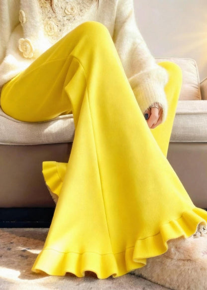 Yellow Ruffled Silm Fit Cotton Flared Trousers Winter