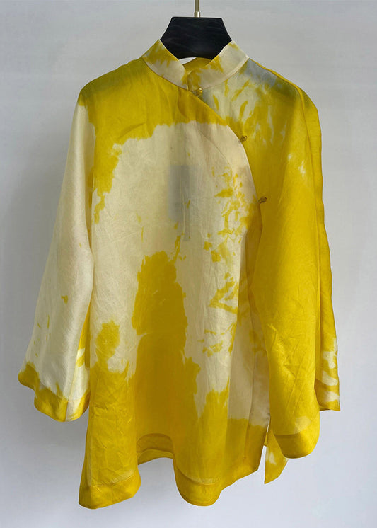 Yellow Stand Collar Button Cotton Shirt Long Sleeve