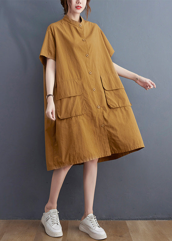 Yellow Stand Collar Patchwork Button Cotton Long Shirts Dress Short Sleeve