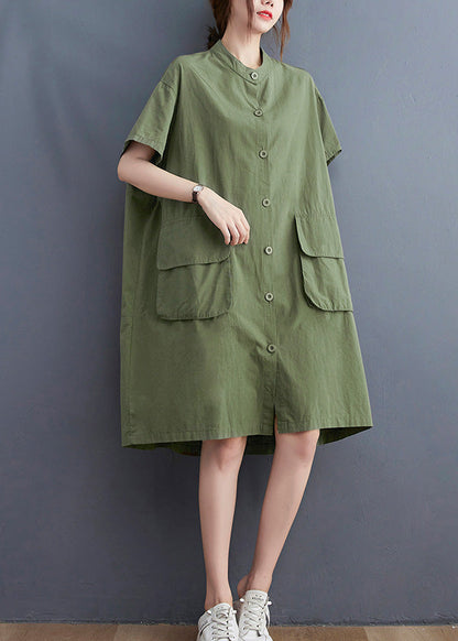 Yellow Stand Collar Patchwork Button Cotton Long Shirts Dress Short Sleeve
