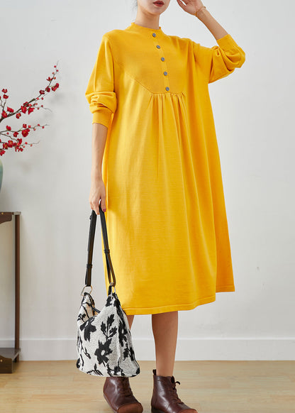 Yellow Stand Collar Patchwork Button Knit Sweater Dress Fall