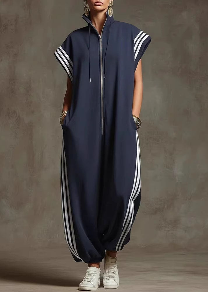 Yellow Stand Collar Zip Up Striped Cotton Jumpsuit Summer
