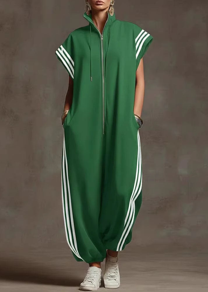 Yellow Stand Collar Zip Up Striped Cotton Jumpsuit Summer