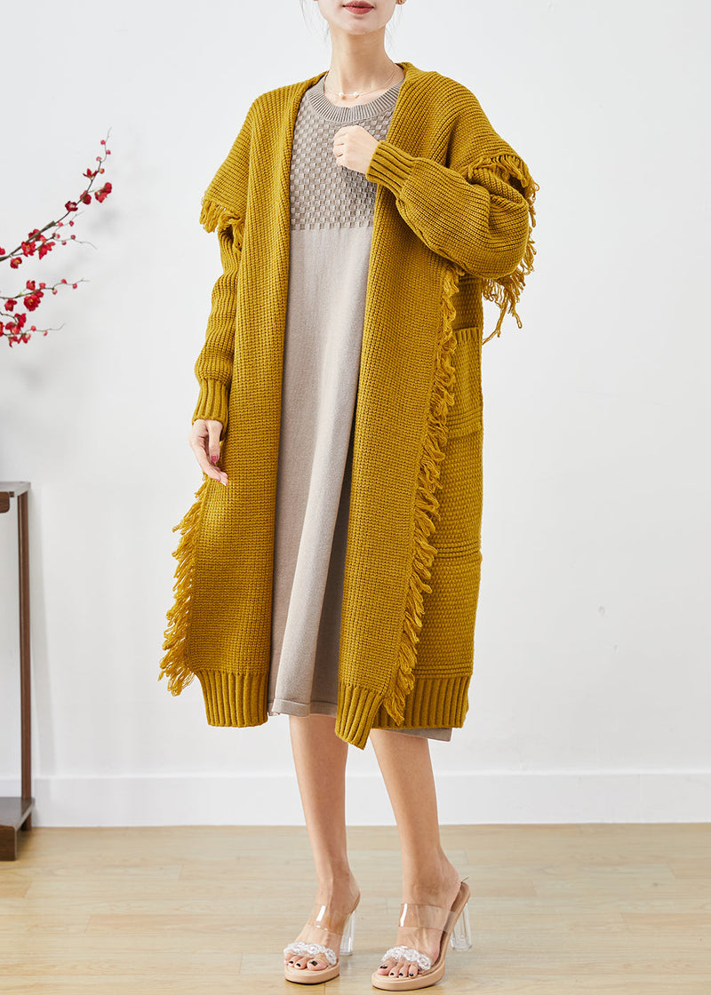 Yellow Tasseled Oversized Knit Cardigan Winter