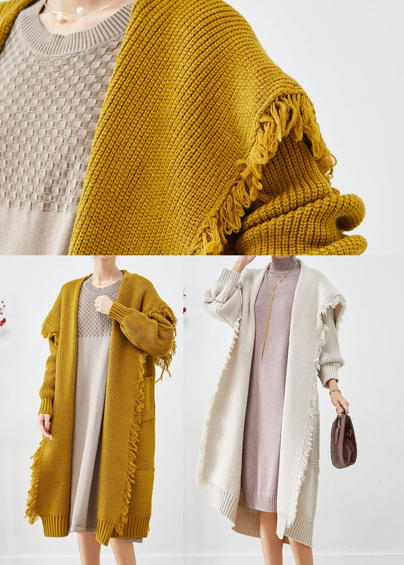 Yellow Tasseled Oversized Knit Cardigan Winter