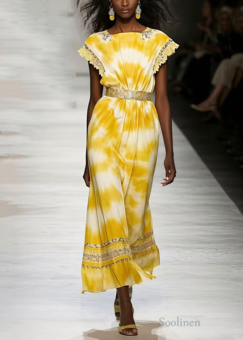 Yellow Tie Dye Chiffon Tunic Dresses Sleeveless
