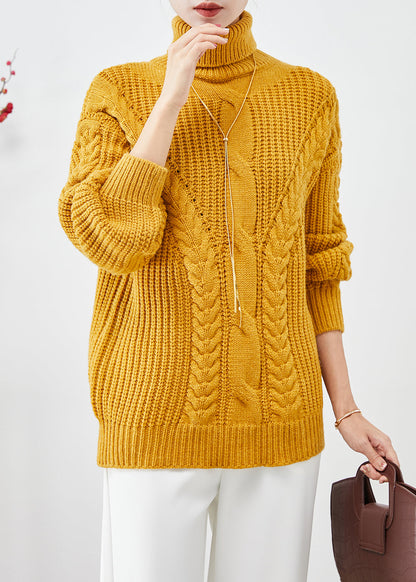 Yellow Turtle Neck Thick Cable Knit Short Sweater Fall