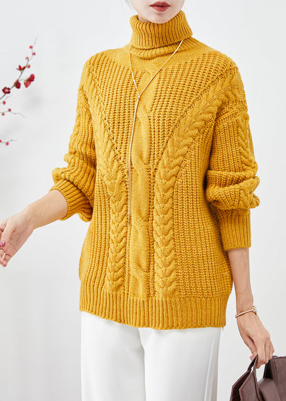 Yellow Turtle Neck Thick Cable Knit Short Sweater Fall