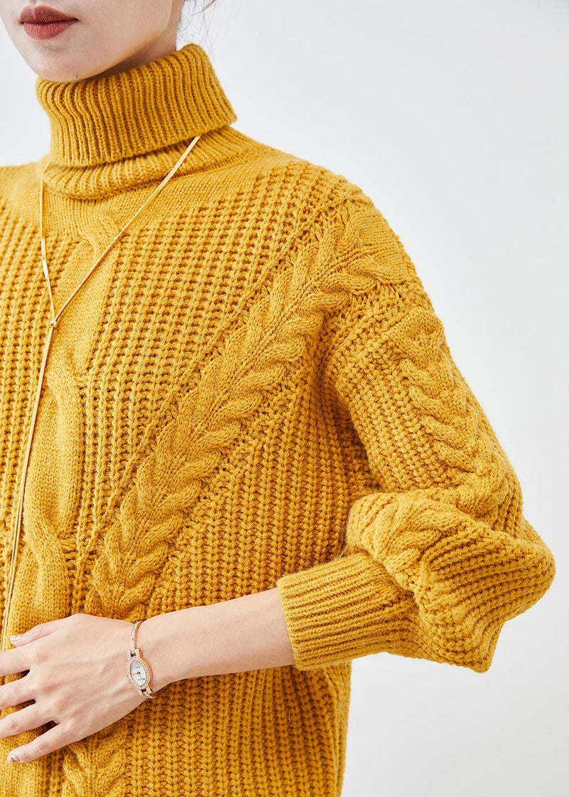 Yellow Turtle Neck Thick Cable Knit Short Sweater Fall