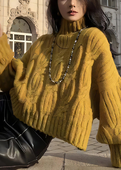Yellow Turtleneck Cozy Cable Knit Sweaters Winter