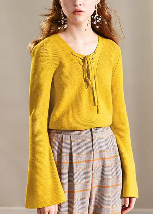 Yellow V Neck Lace Up Knit Sweater Flare Sleeve
