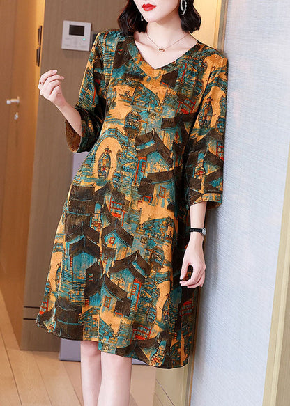 Yellow V Neck Print Patchwork Cotton Dresses Summer