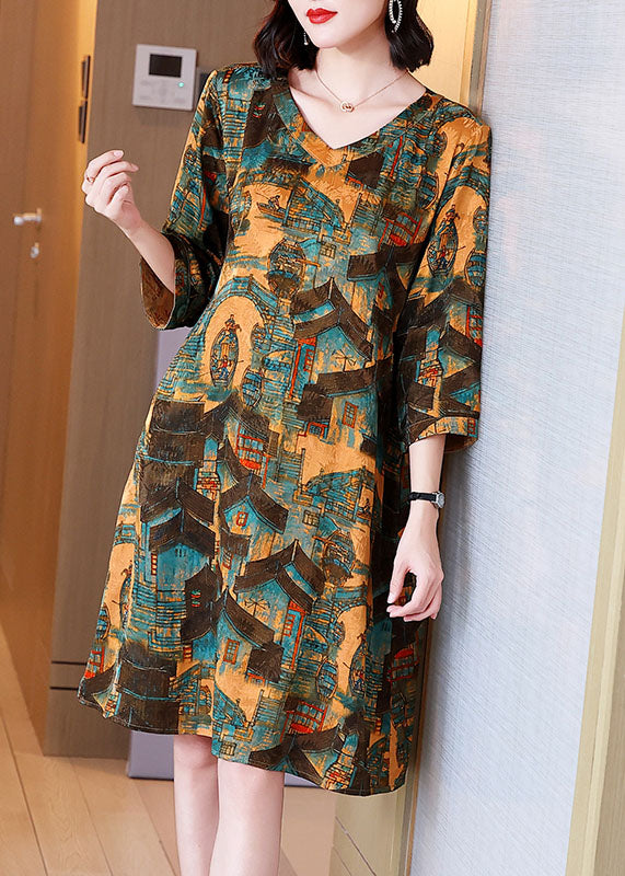Yellow V Neck Print Patchwork Cotton Dresses Summer