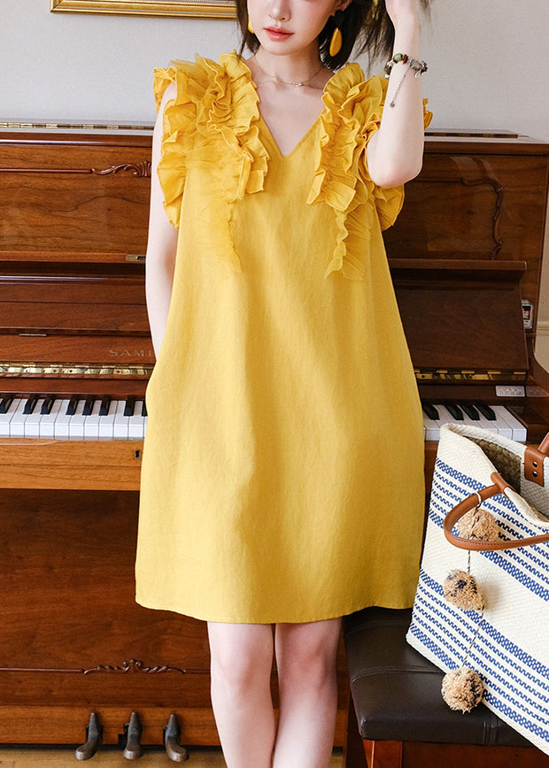 Yellow V Neck Ruffled Tulle Patchwork Mid Dress Sleeveless