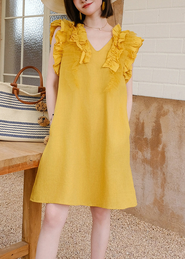 Yellow V Neck Ruffled Tulle Patchwork Mid Dress Sleeveless