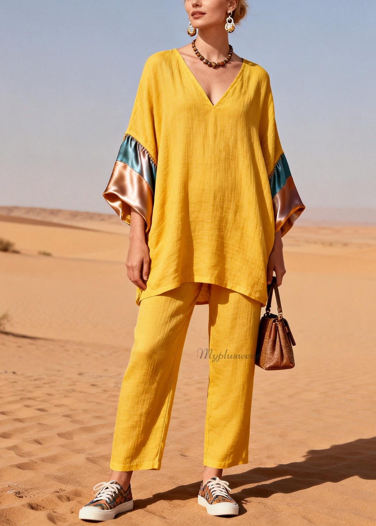 Yellow V Neck Silk Patchwork Linen Two Piece Set Summer