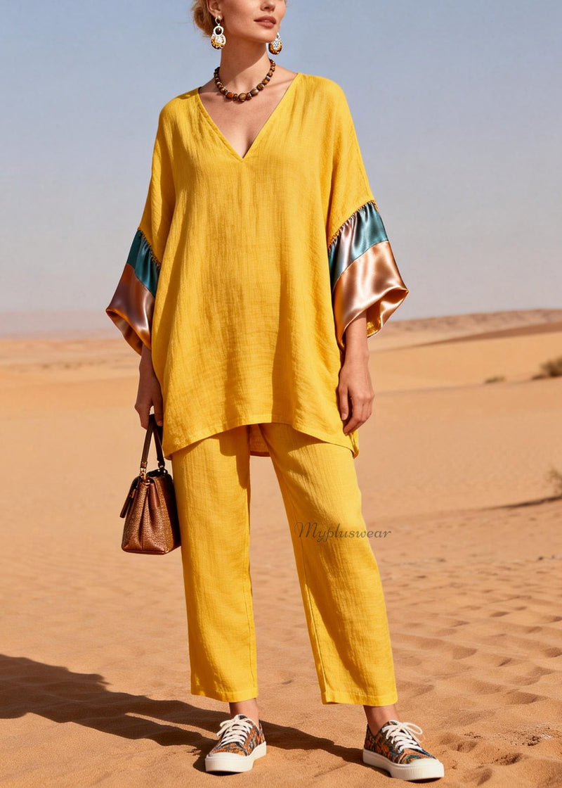Yellow V Neck Silk Patchwork Linen Two Piece Set Summer
